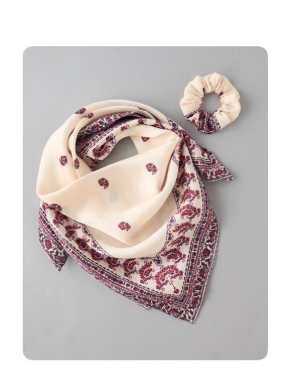 Cream and Burgundy Paisley Bandana Scarf with Scrunchie
